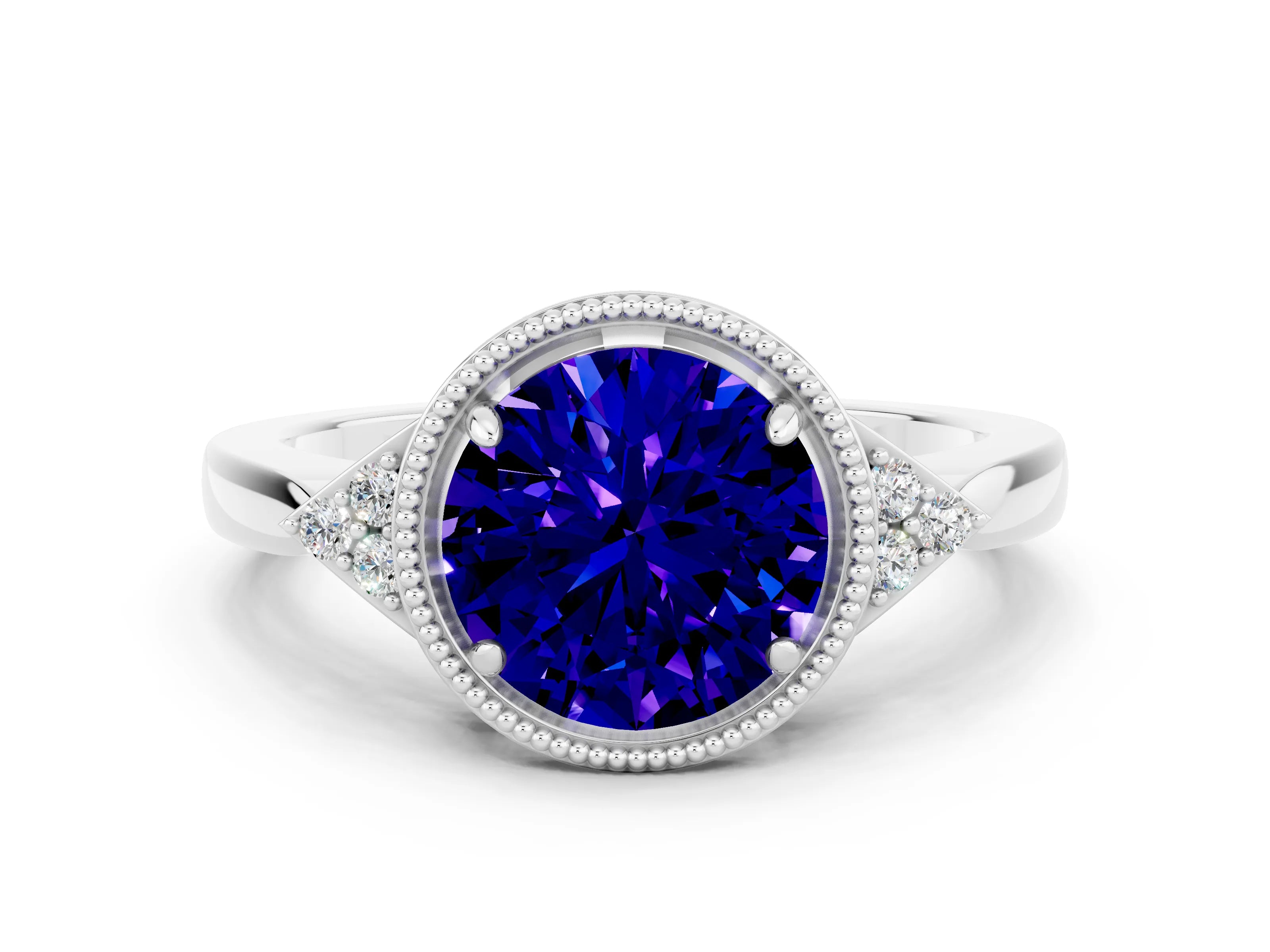 White gold Round Cut Tanzanite Halo Ring with Tapered Band and Four-Prong Setting_48