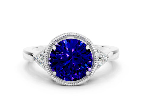 White gold Round Cut Tanzanite Halo Ring with Tapered Band and Four-Prong Setting_48