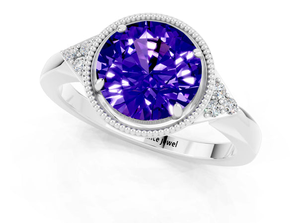 Silver Round Cut Tanzanite Halo Ring with Tapered Band and Four-Prong Setting