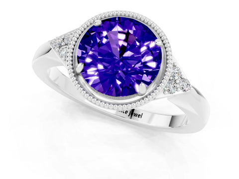 White gold Round Cut Tanzanite Halo Ring with Tapered Band and Four-Prong Setting_49