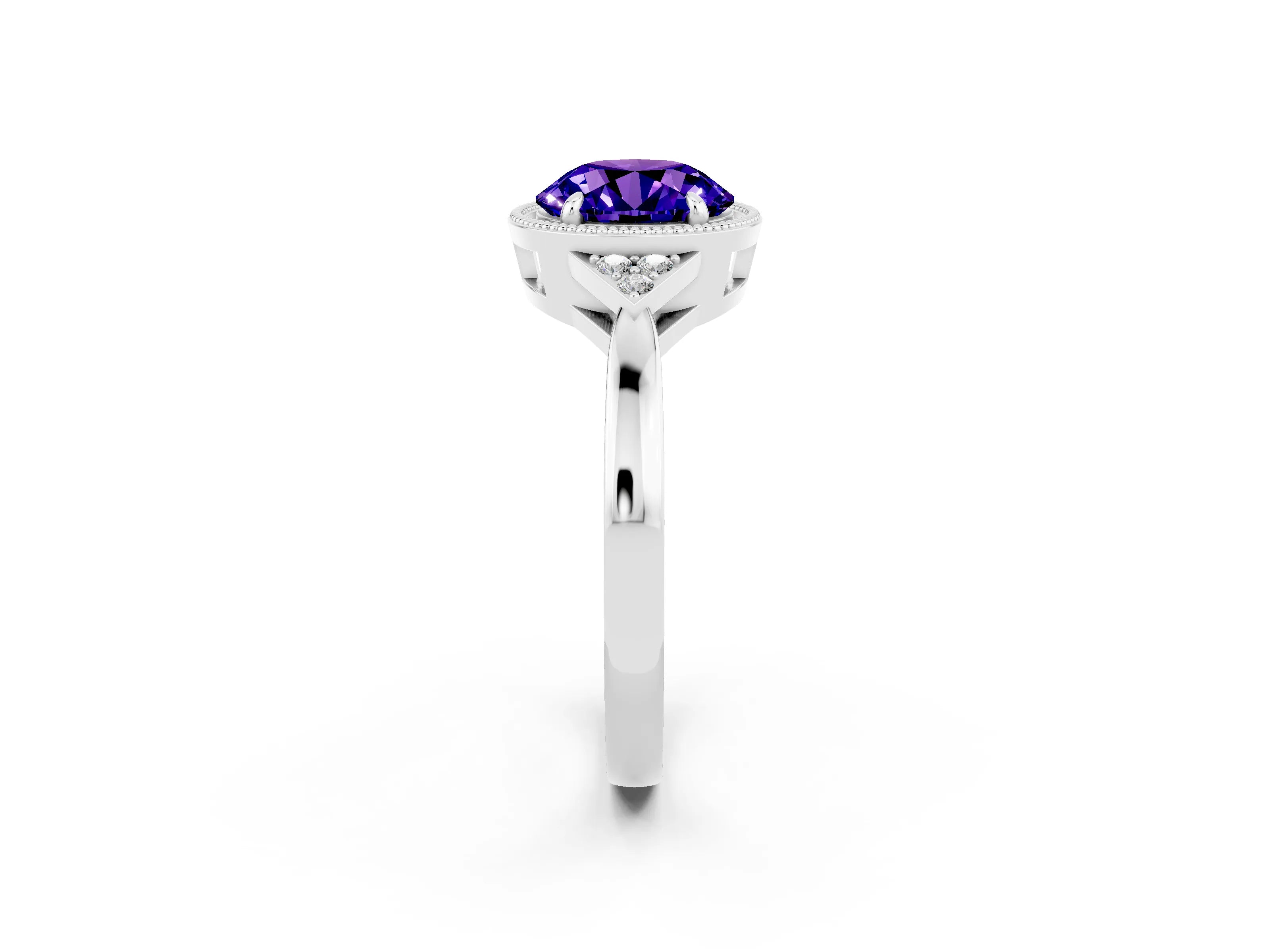 White gold Round Cut Tanzanite Halo Ring with Tapered Band and Four-Prong Setting_50