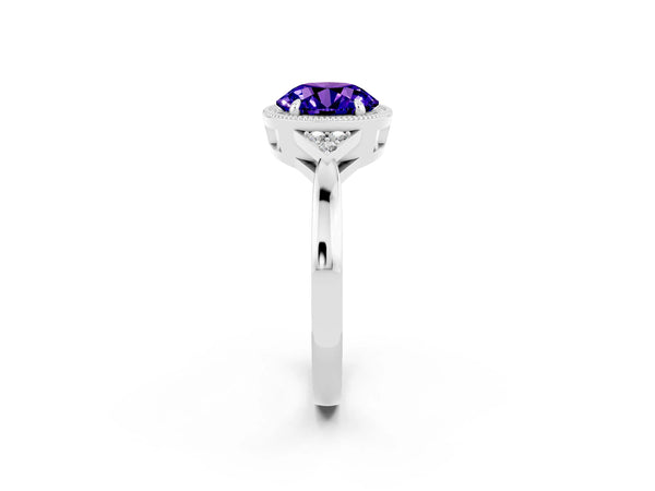 White gold Round Cut Tanzanite Halo Ring with Tapered Band and Four-Prong Setting