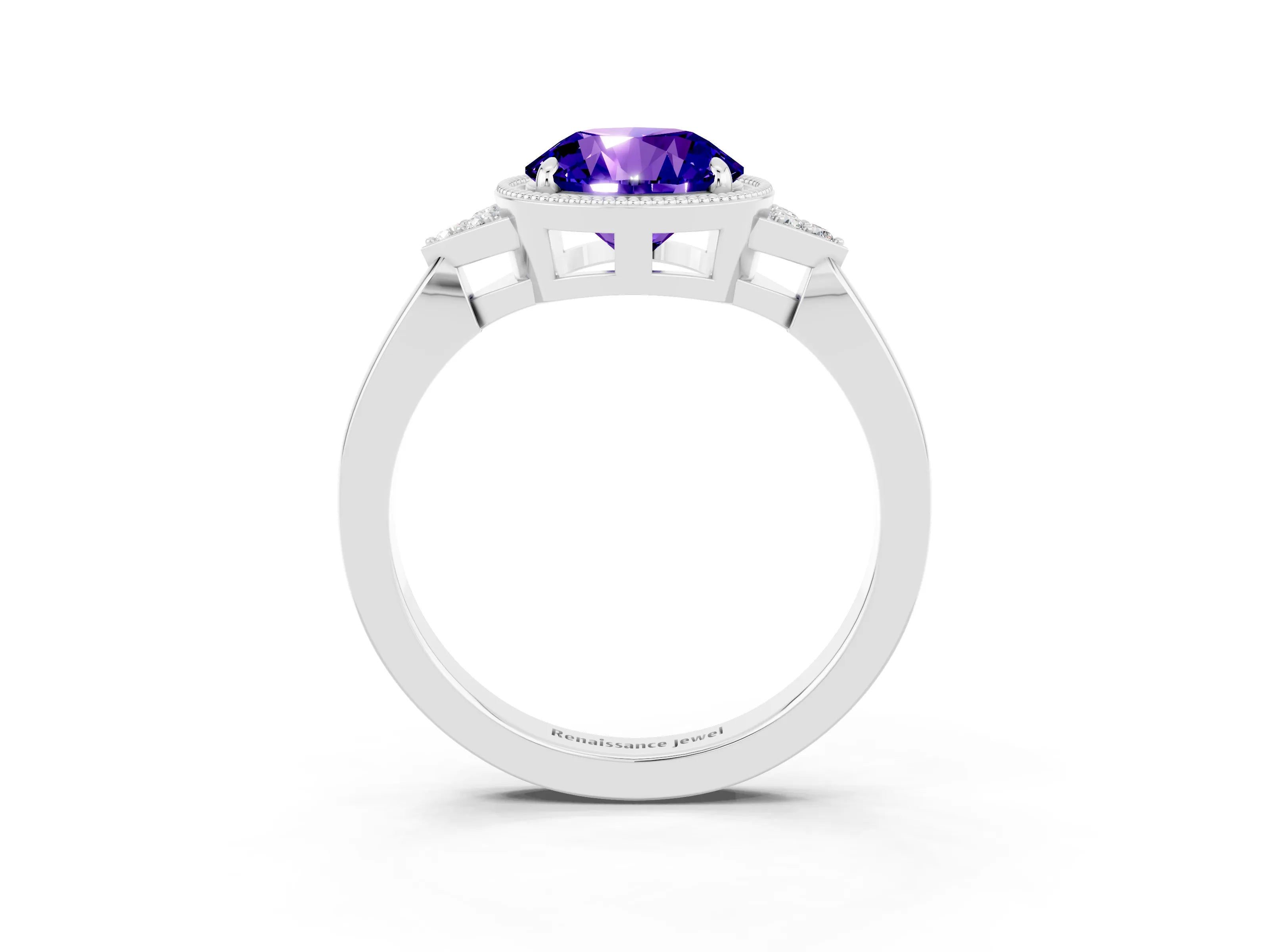 White gold Round Cut Tanzanite Halo Ring with Tapered Band and Four-Prong Setting_51