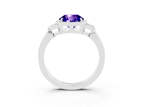 White gold Round Cut Tanzanite Halo Ring with Tapered Band and Four-Prong Setting