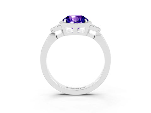 White gold Round Cut Tanzanite Halo Ring with Tapered Band and Four-Prong Setting_51
