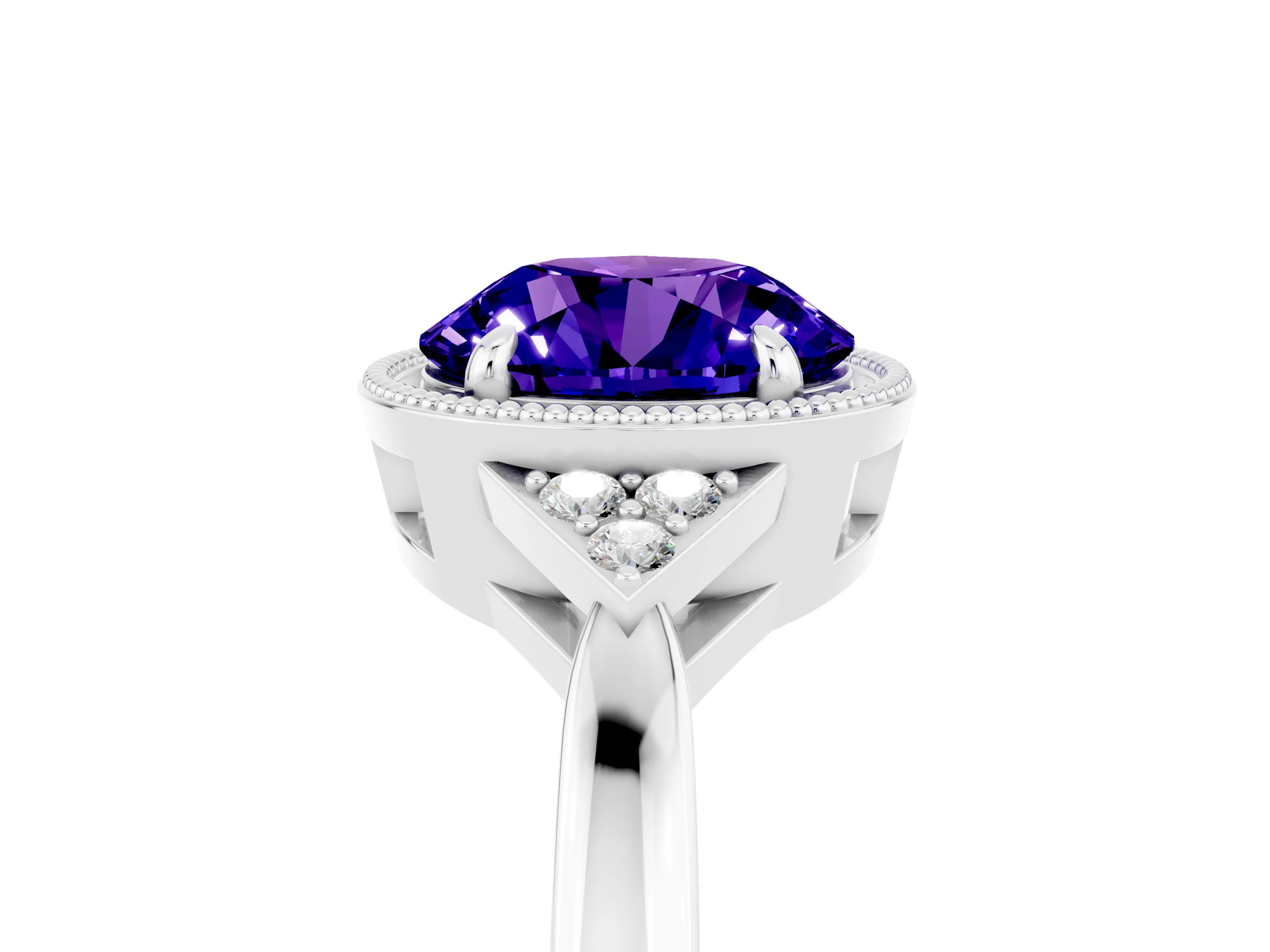White gold Round Cut Tanzanite Halo Ring with Tapered Band and Four-Prong Setting_53