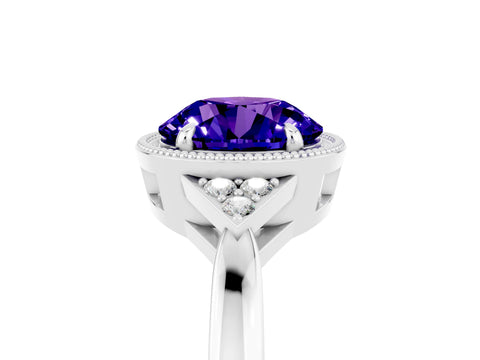 White gold Round Cut Tanzanite Halo Ring with Tapered Band and Four-Prong Setting_53