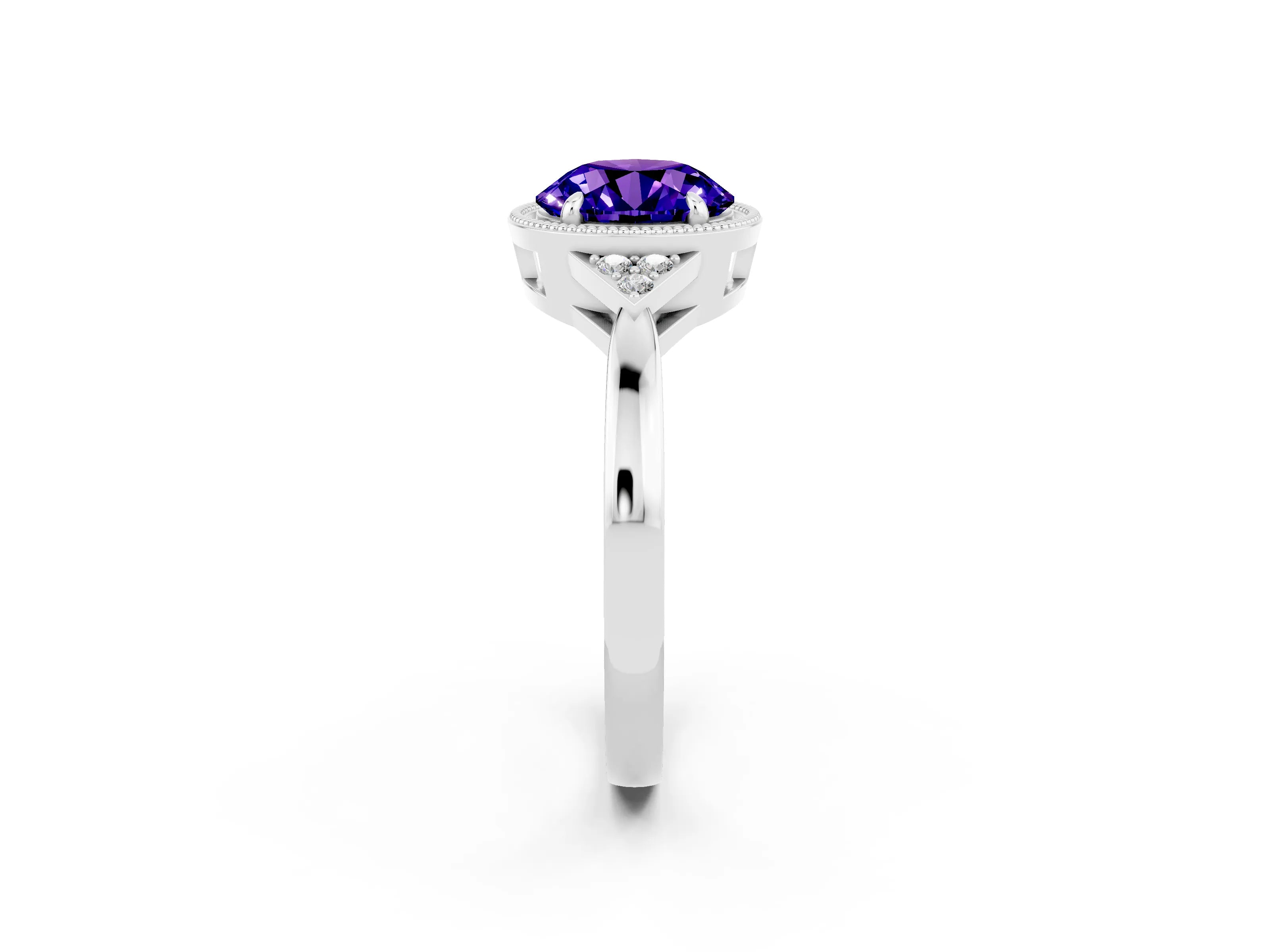 White gold Round Cut Tanzanite Halo Ring with Tapered Band and Four-Prong Setting_98