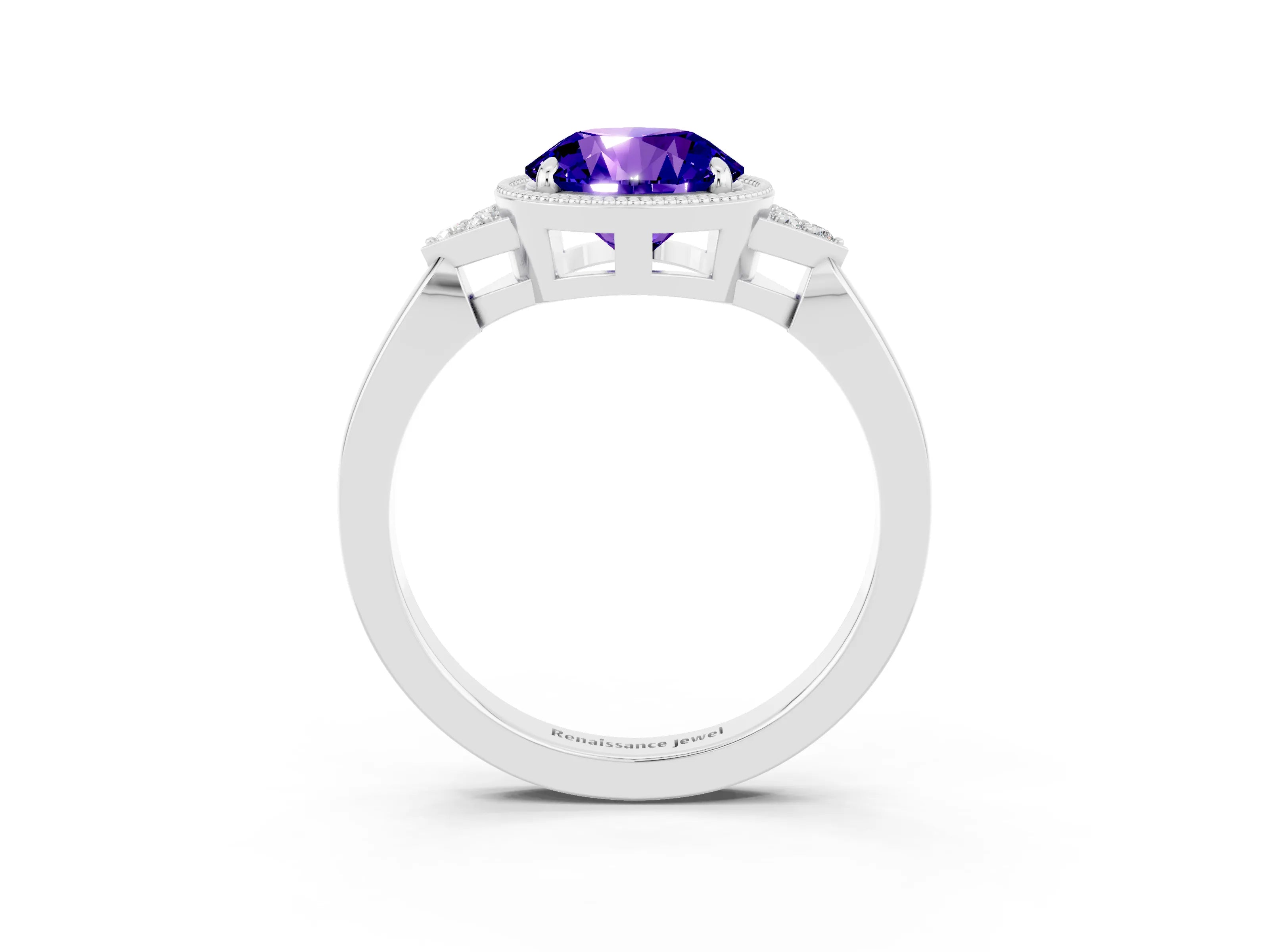 White gold Round Cut Tanzanite Halo Ring with Tapered Band and Four-Prong Setting_99