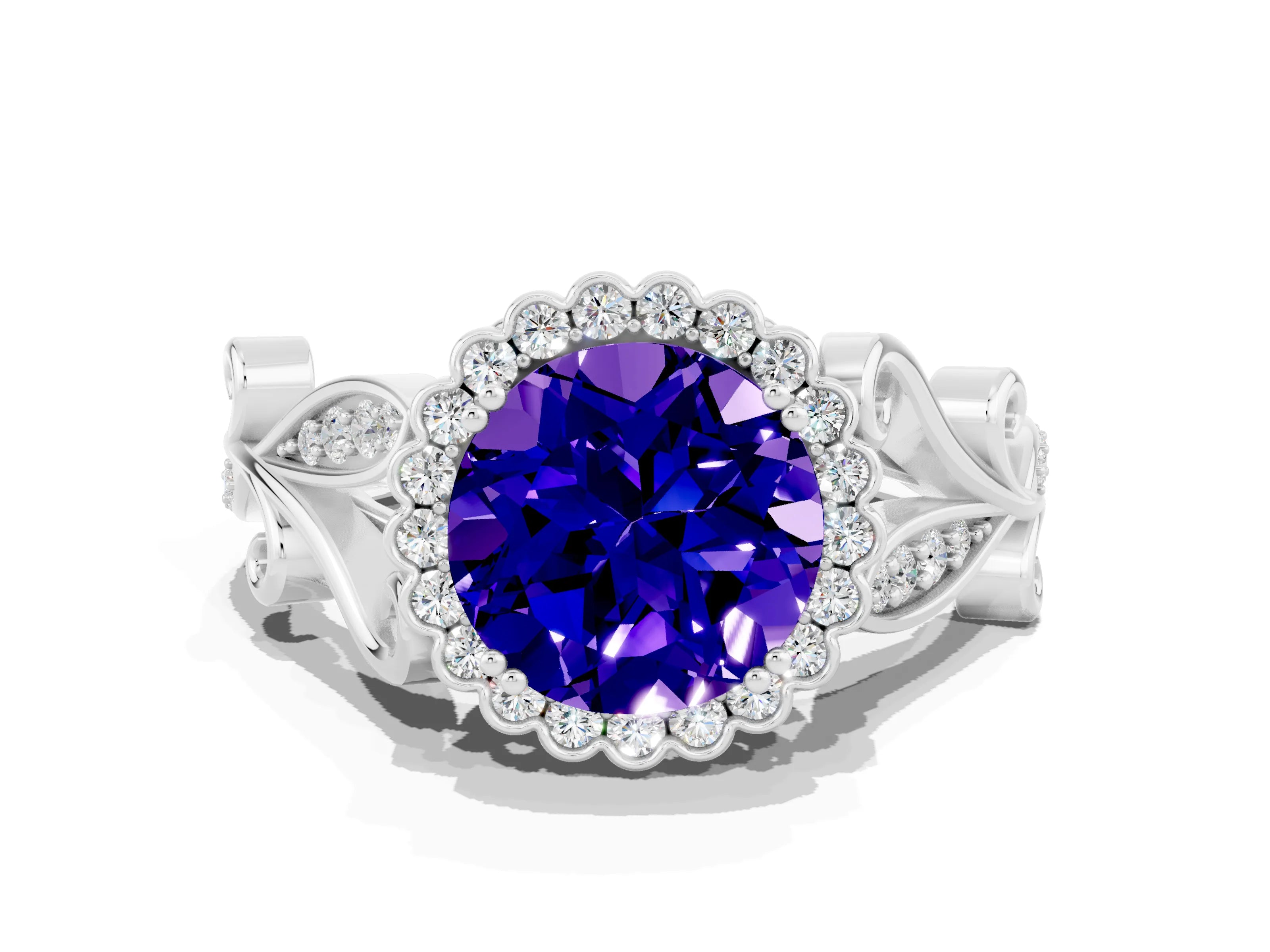 White gold Round Cut Tanzanite Halo Ring with Vintage Split Shank and Four-Prong Setting