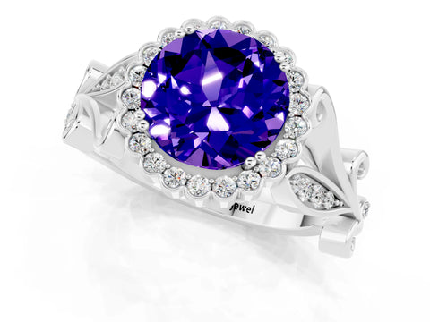 White gold Round Cut Tanzanite Halo Ring with Vintage Split Shank and Four-Prong Setting_1