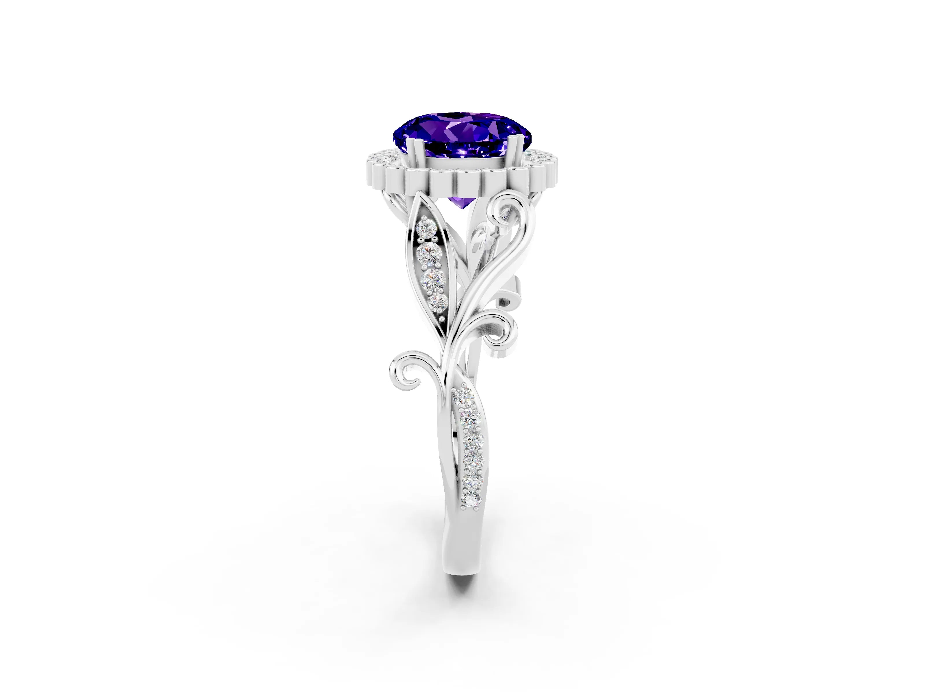 White gold Round Cut Tanzanite Halo Ring with Vintage Split Shank and Four-Prong Setting_2
