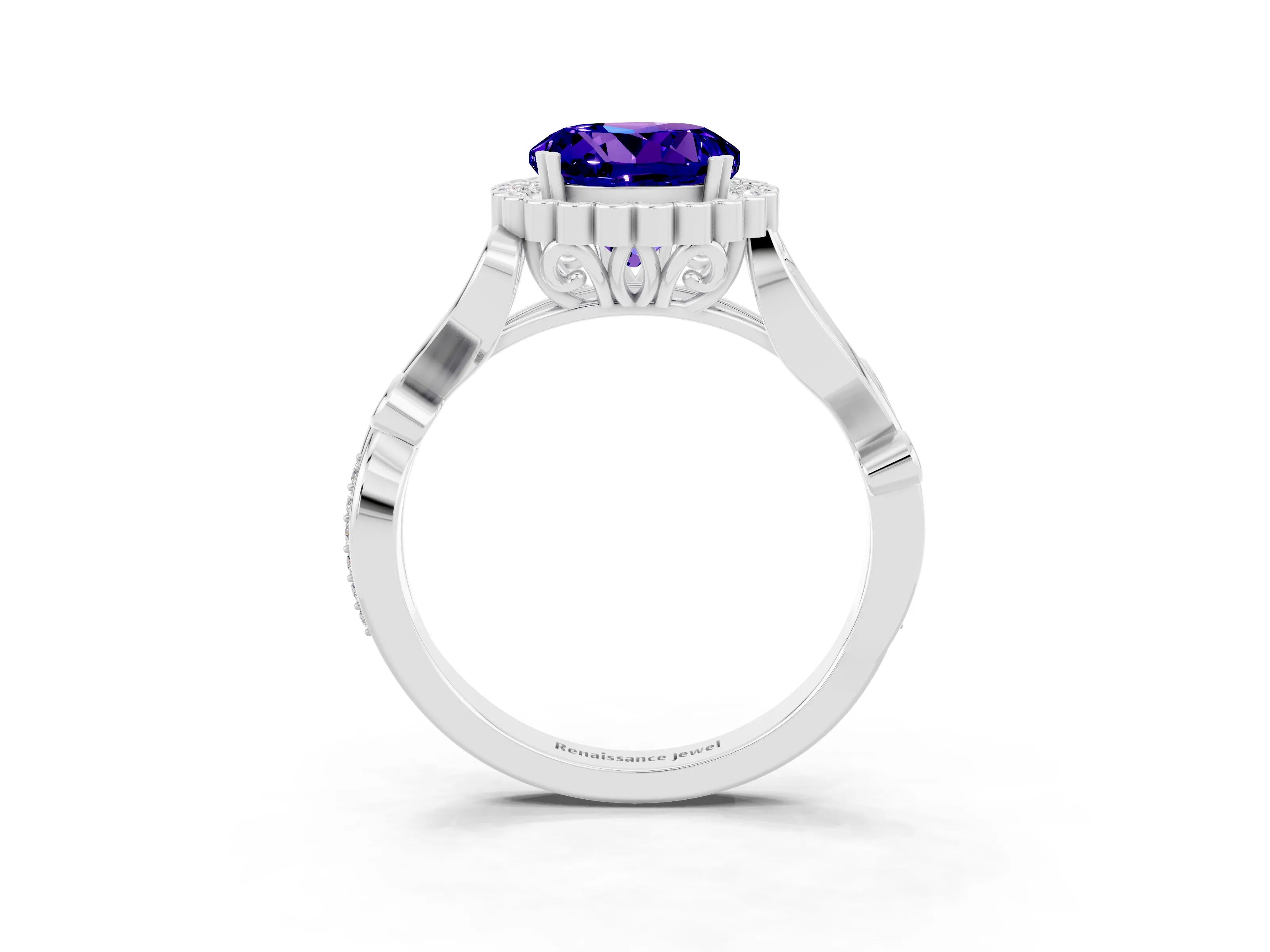 White gold Round Cut Tanzanite Halo Ring with Vintage Split Shank and Four-Prong Setting_3
