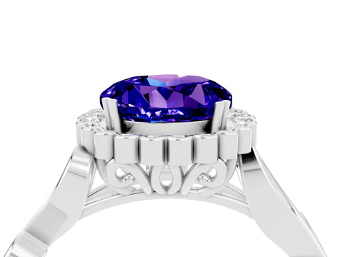 White gold Round Cut Tanzanite Halo Ring with Vintage Split Shank and Four-Prong Setting_4