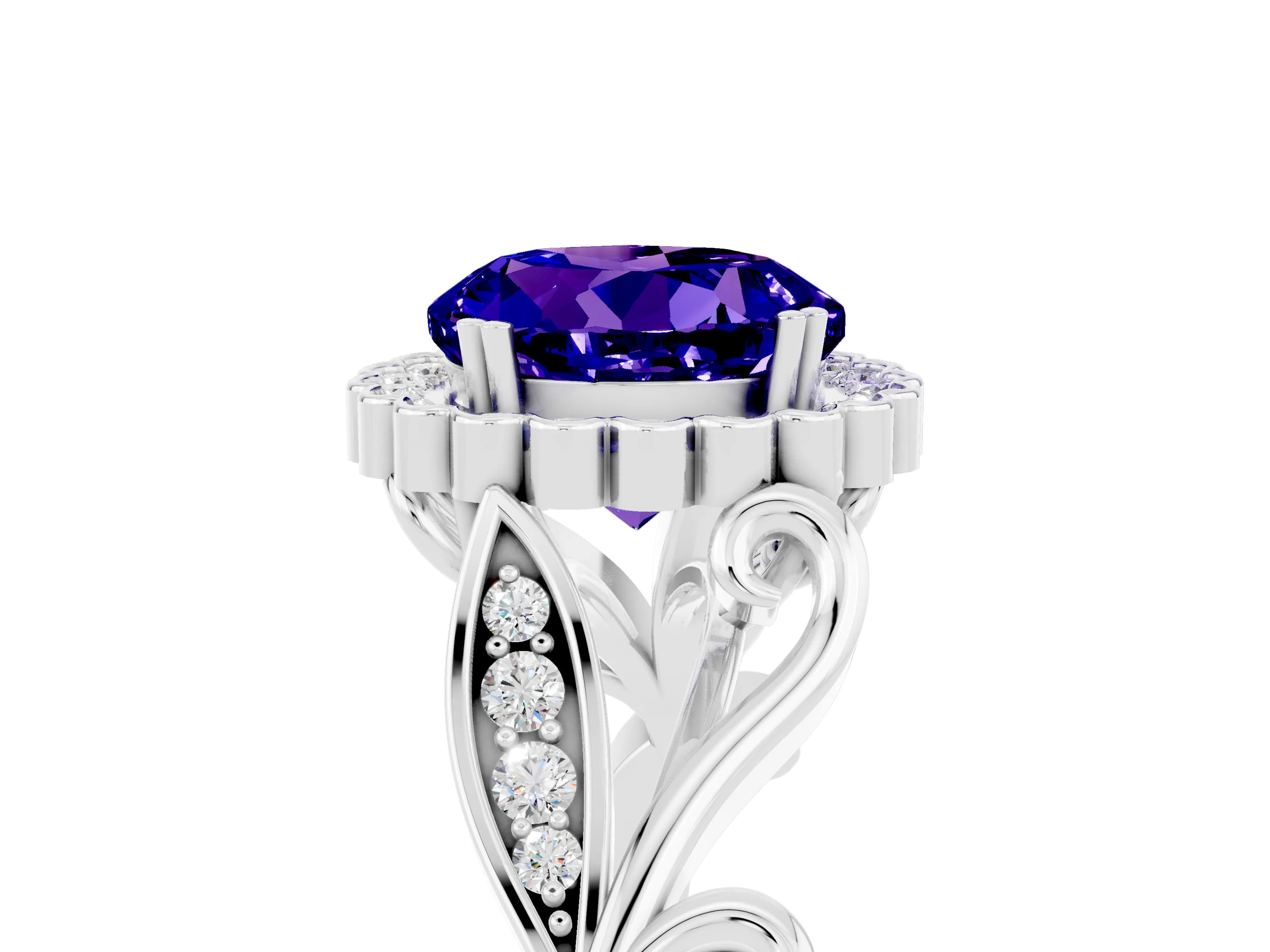 White gold Round Cut Tanzanite Halo Ring with Vintage Split Shank and Four-Prong Setting_5