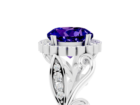 White gold Round Cut Tanzanite Halo Ring with Vintage Split Shank and Four-Prong Setting_5