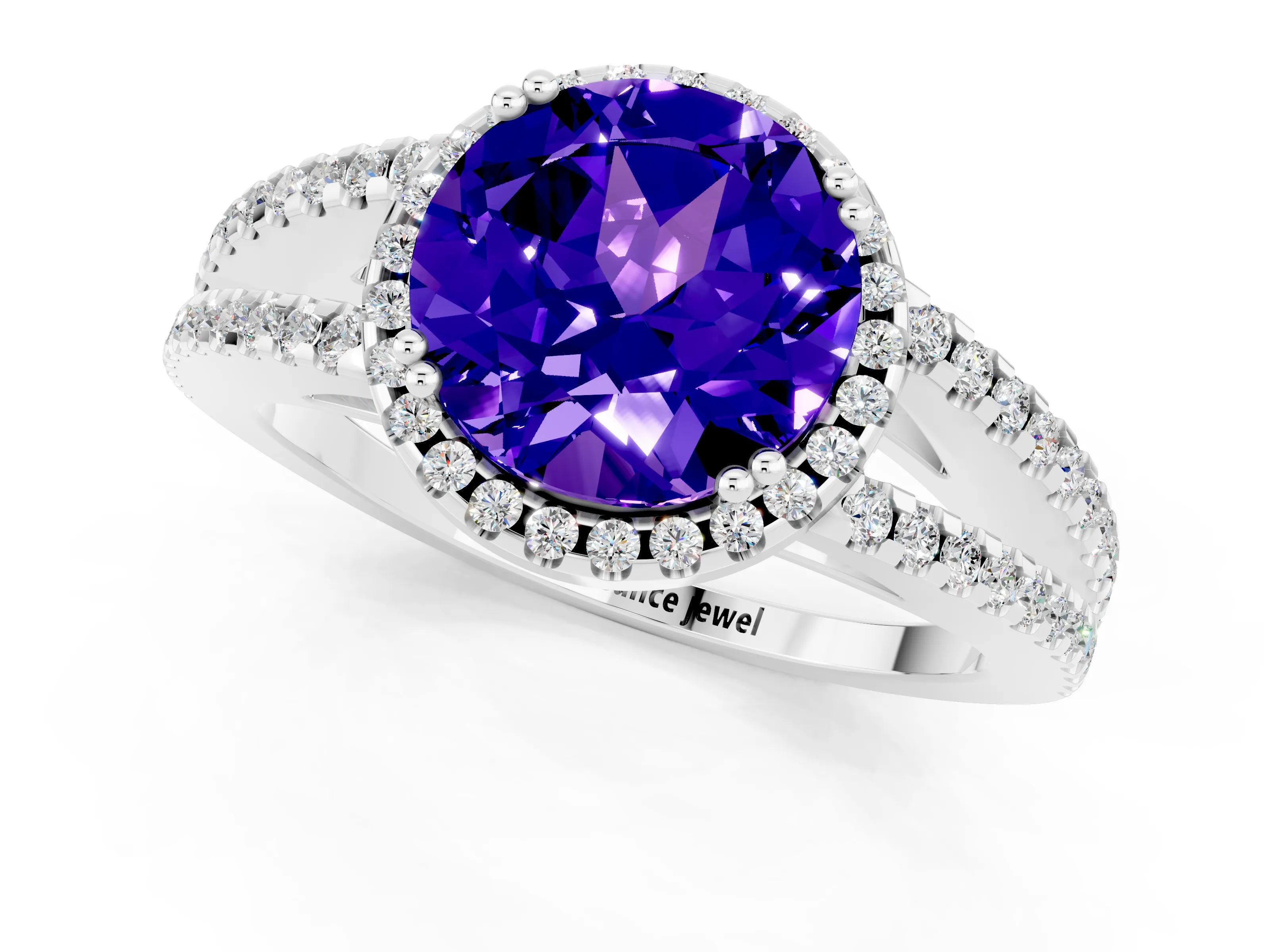 White gold Round Cut Tanzanite Halo Split Shank Engagement Ring_13