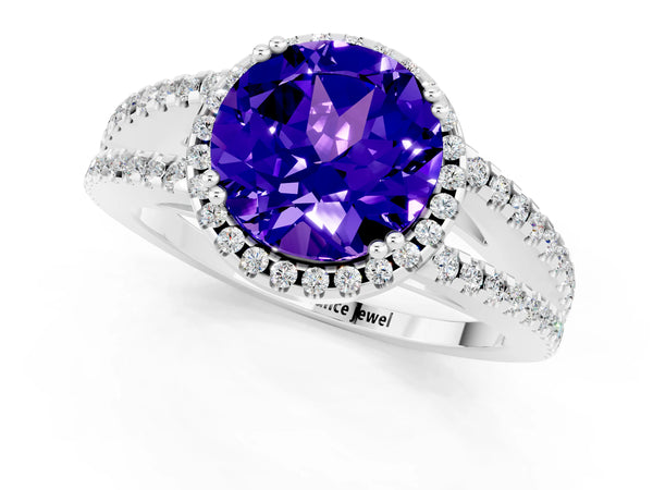 Platinum Round Cut Tanzanite Halo Split Shank Engagement Ring