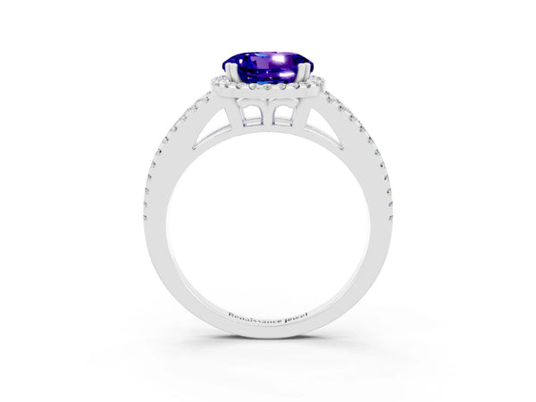 Silver Round Cut Tanzanite Halo Split Shank Engagement Ring