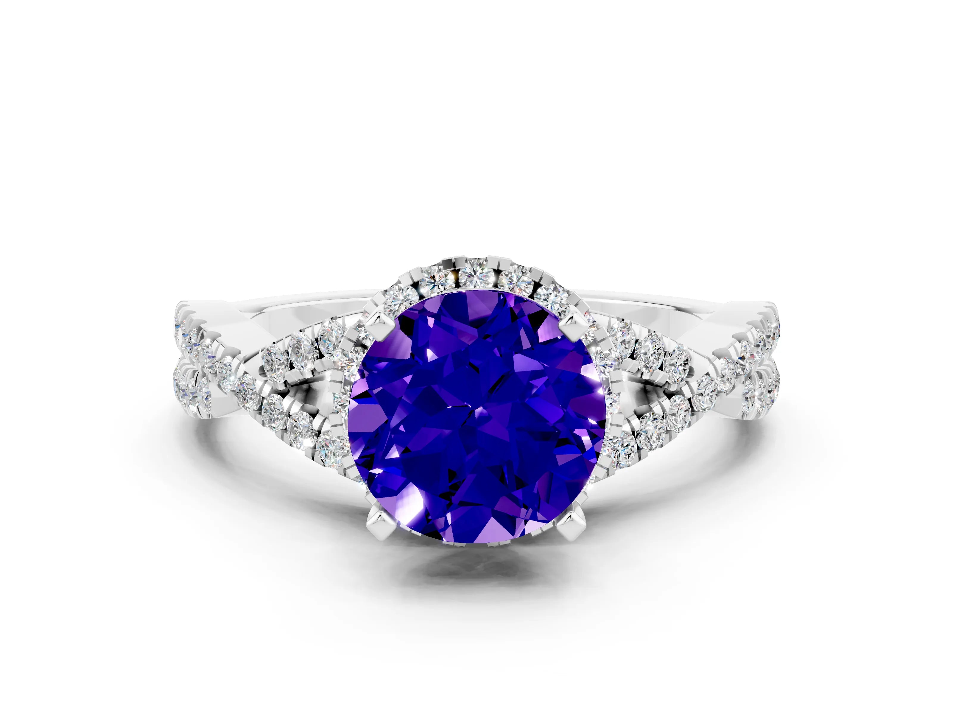 White gold Round Cut Tanzanite Halo Twist Band Solitaire Prong Setting Ring