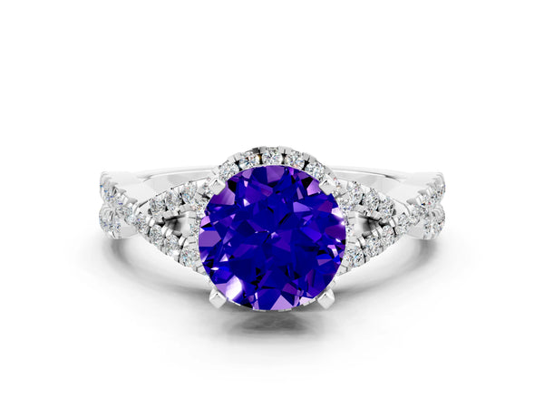 White gold Round Cut Tanzanite  Halo Twist Band Solitaire Prong Setting Ring