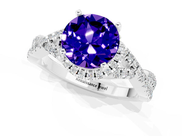 White gold Round Cut Tanzanite  Halo Twist Band Solitaire Prong Setting Ring