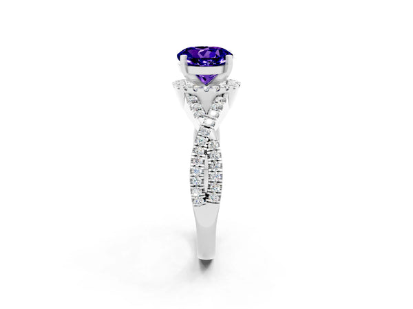 White gold Round Cut Tanzanite  Halo Twist Band Solitaire Prong Setting Ring