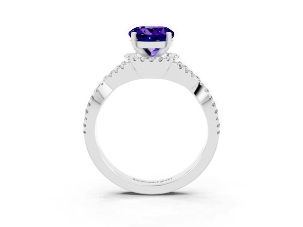 White gold Round Cut Tanzanite  Halo Twist Band Solitaire Prong Setting Ring