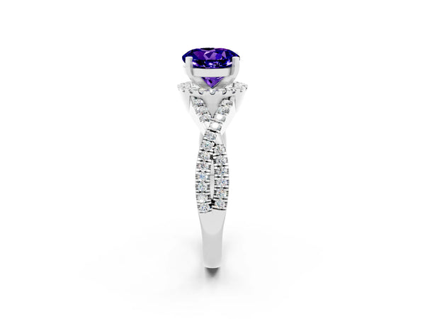 Silver Round Cut Tanzanite  Halo Twist Band Solitaire Prong Setting Ring