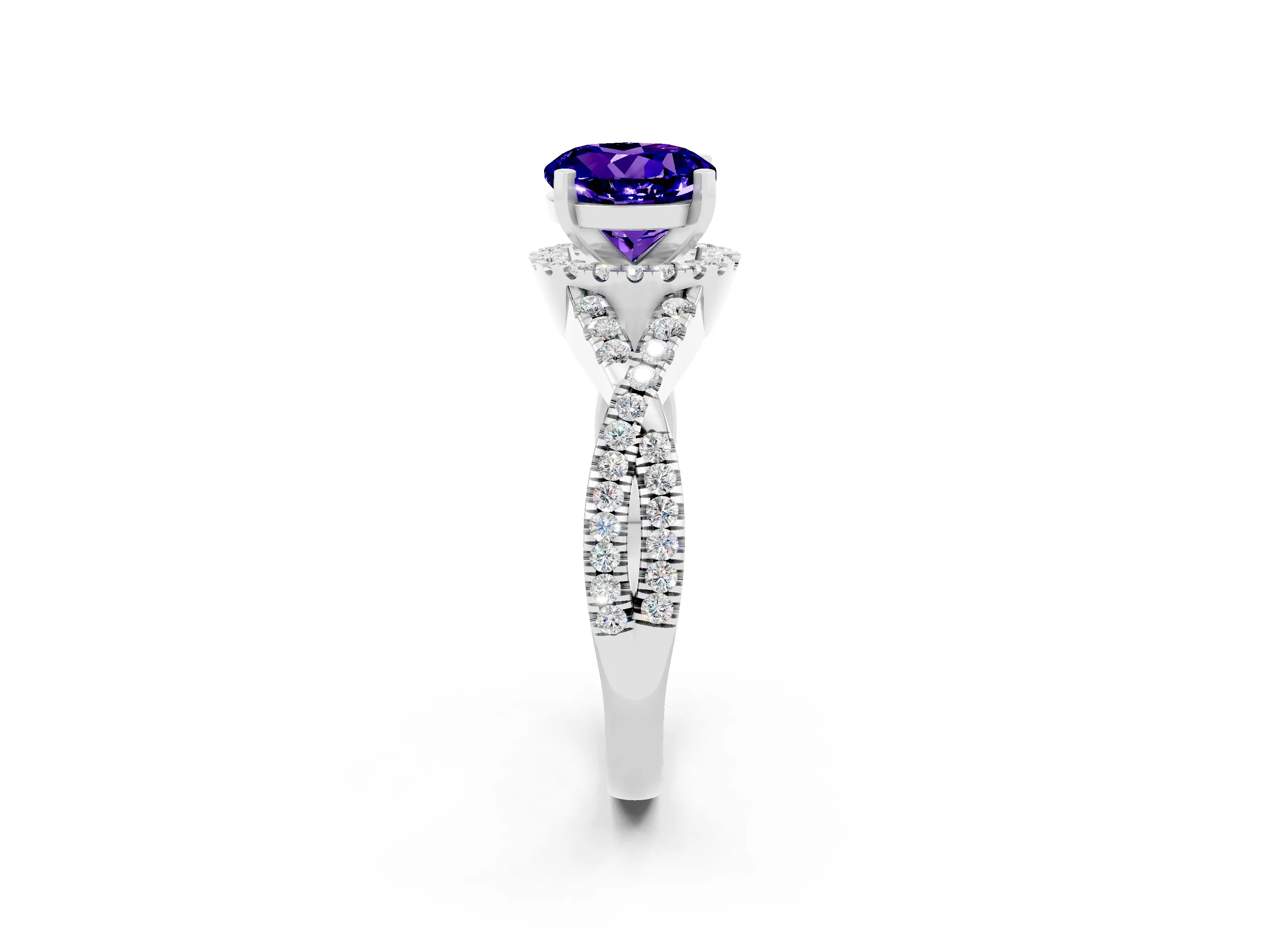 White gold Round Cut Tanzanite Halo Twist Band Solitaire Prong Setting Ring_2