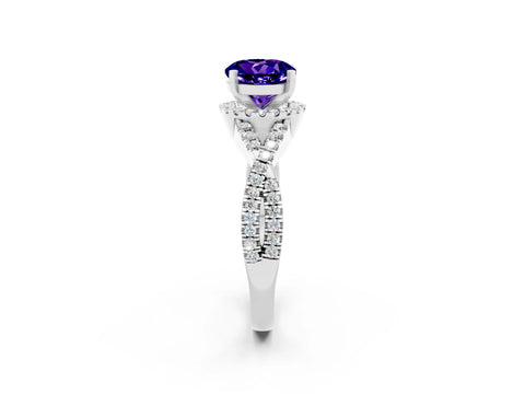 White gold Round Cut Tanzanite Halo Twist Band Solitaire Prong Setting Ring_2
