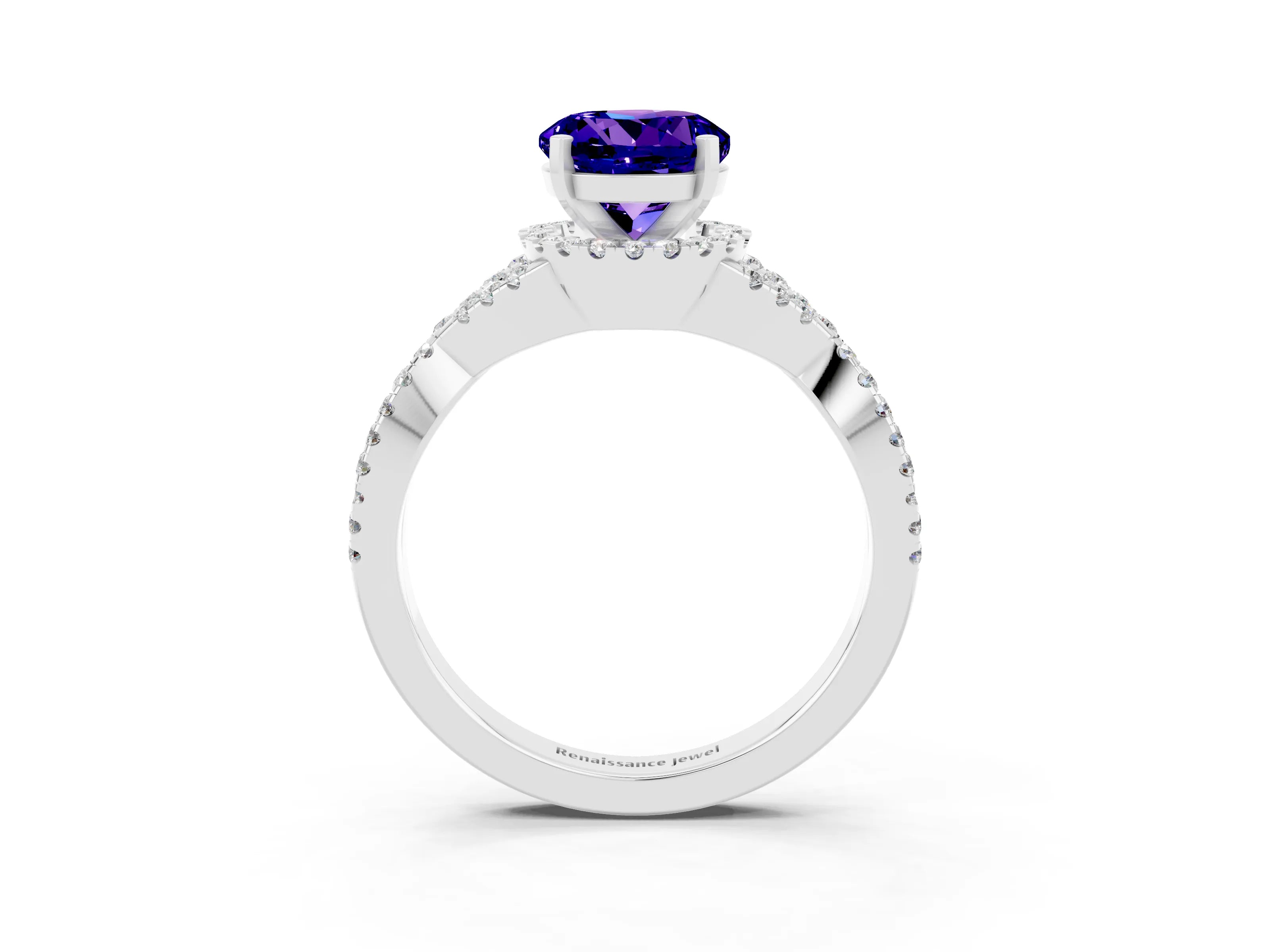 White gold Round Cut Tanzanite Halo Twist Band Solitaire Prong Setting Ring_3