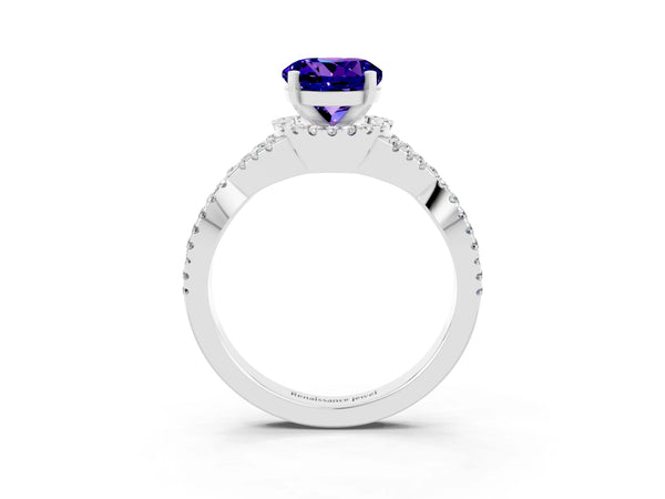 Silver Round Cut Tanzanite  Halo Twist Band Solitaire Prong Setting Ring