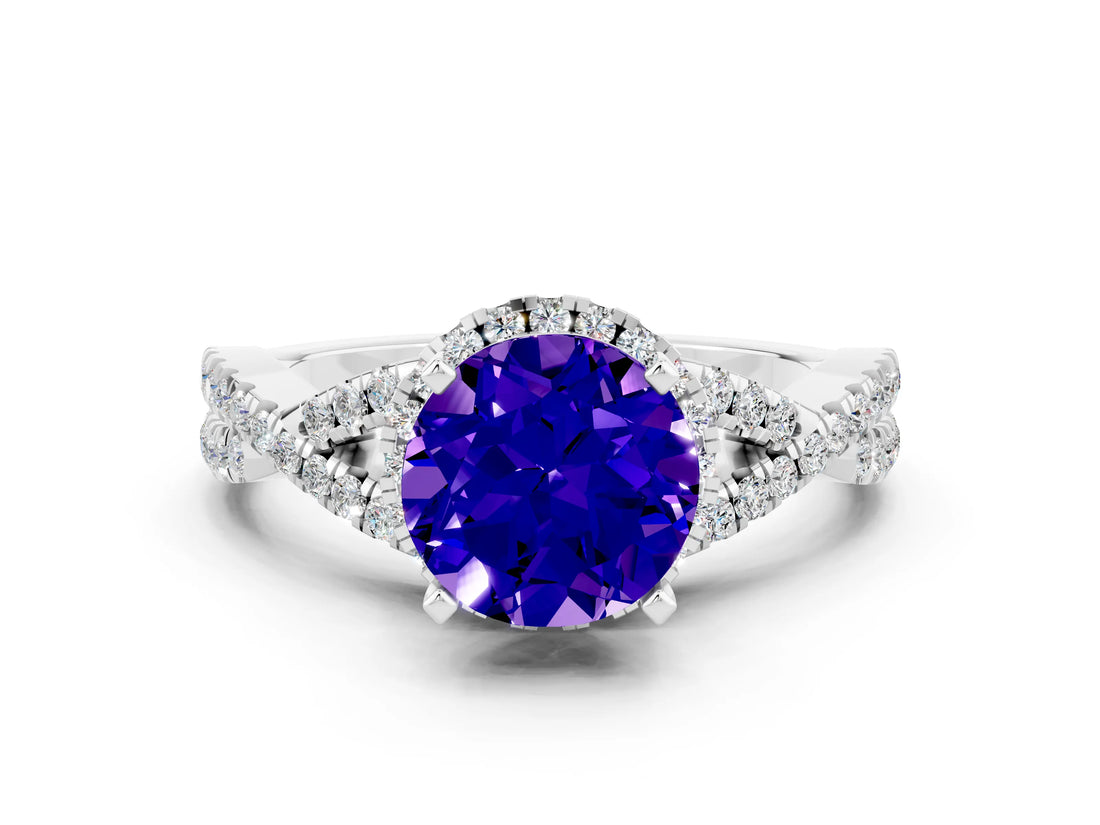 White gold Round Cut Tanzanite Halo Twist Band Solitaire Prong Setting Ring