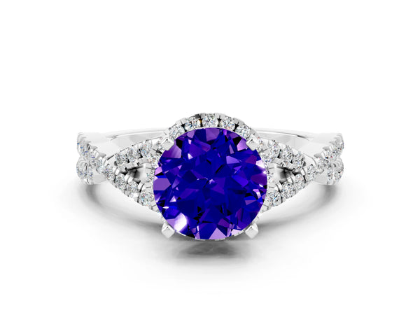 Silver Round Cut Tanzanite  Halo Twist Band Solitaire Prong Setting Ring