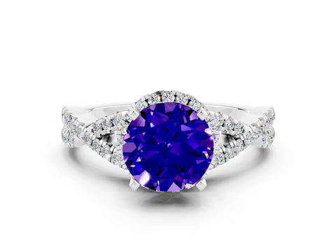 White gold Round Cut Tanzanite Halo Twist Band Solitaire Prong Setting Ring