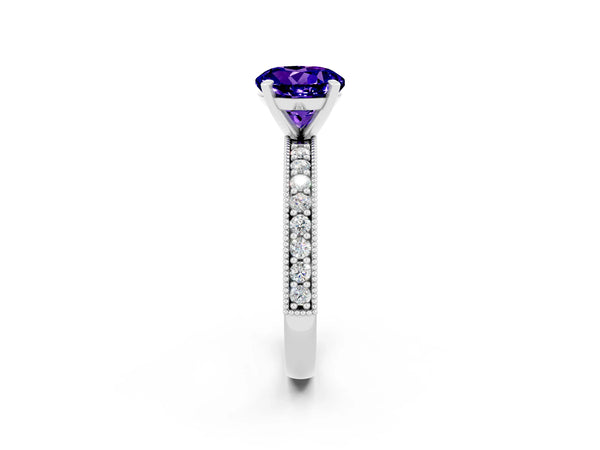 Platinum Round Cut Tanzanite Milgrain Pavé Engagement Ring with Four-Prong Setting