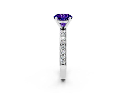 White gold Round Cut Tanzanite Milgrain Pavé Engagement Ring with Four-Prong Setting_2