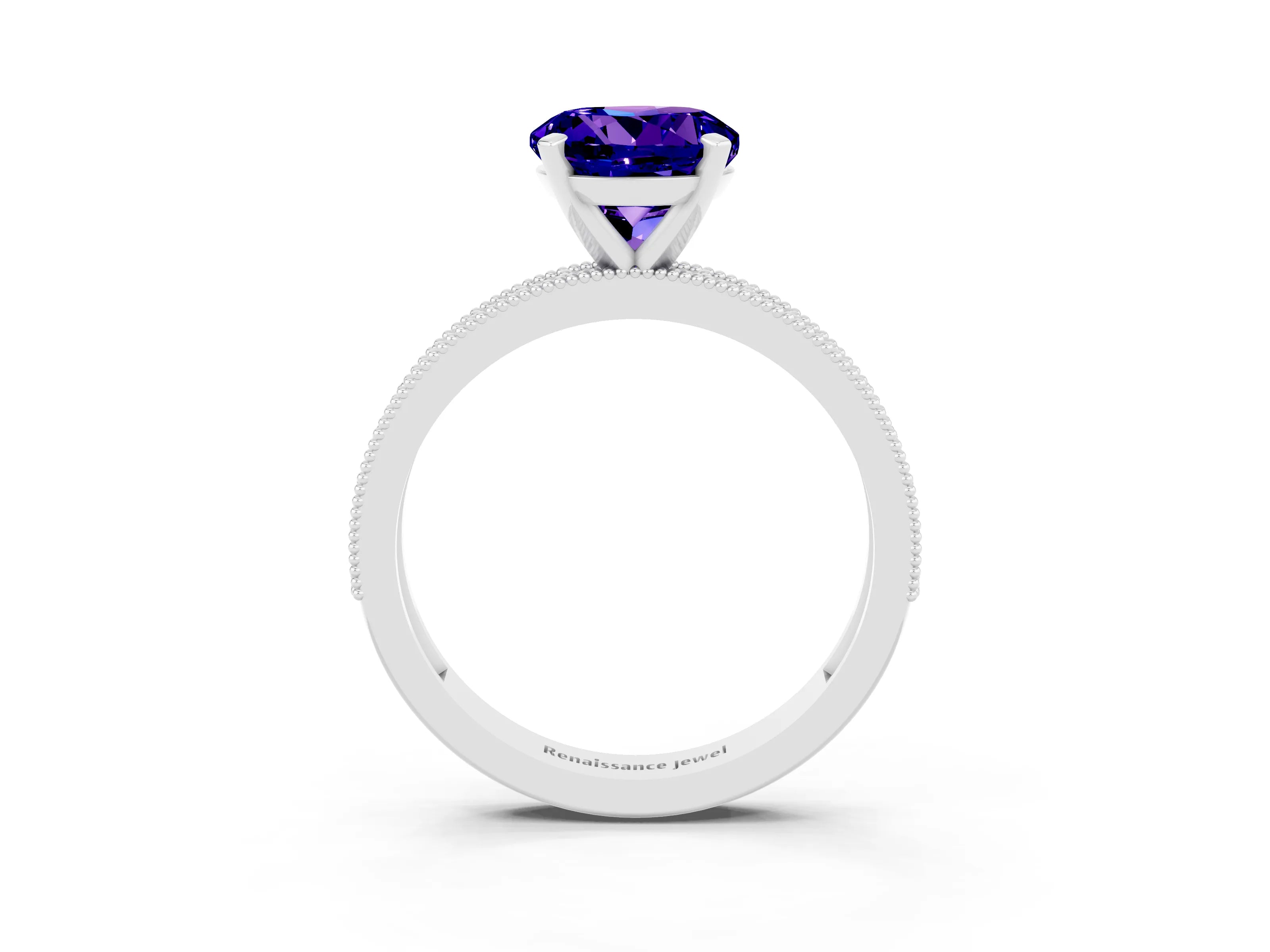 White gold Round Cut Tanzanite Milgrain Pavé Engagement Ring with Four-Prong Setting_3