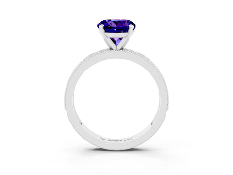 White gold Round Cut Tanzanite Milgrain Pavé Engagement Ring with Four-Prong Setting_3