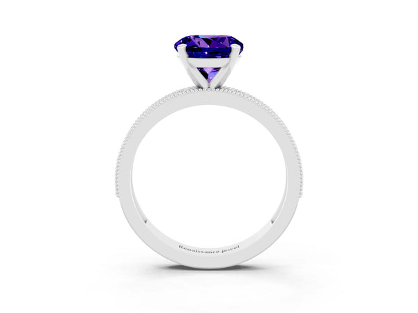 Silver Round Cut Tanzanite Milgrain Pavé Engagement Ring with Four-Prong Setting