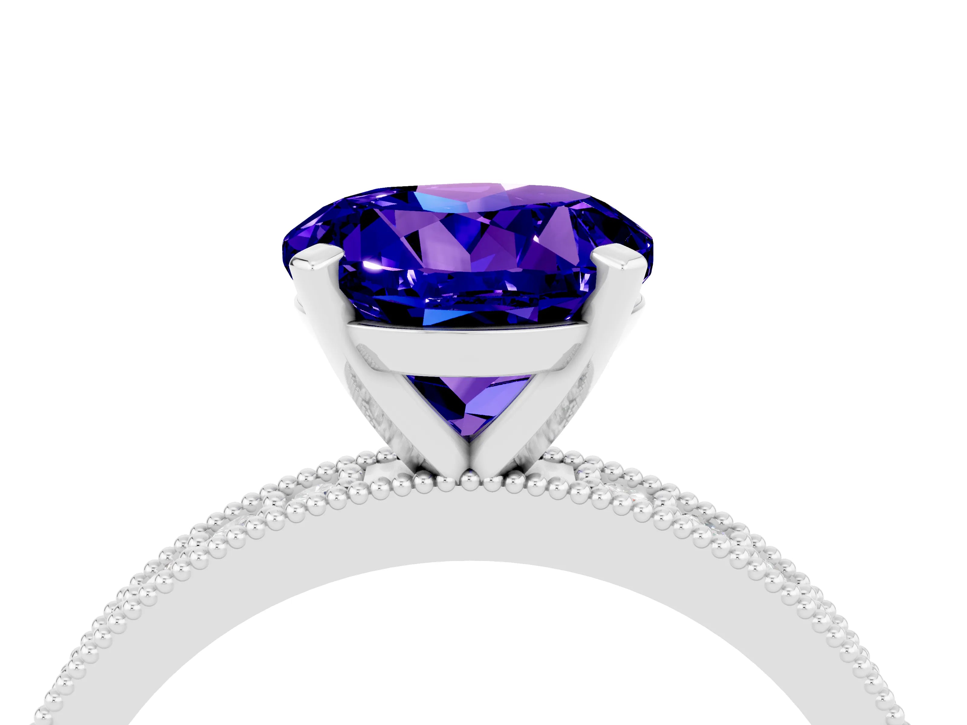 White gold Round Cut Tanzanite Milgrain Pavé Engagement Ring with Four-Prong Setting_4