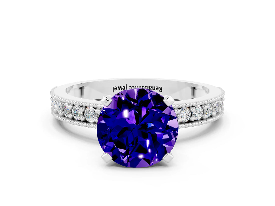 White gold Round Cut Tanzanite Milgrain Pavé Engagement Ring with Four-Prong Setting