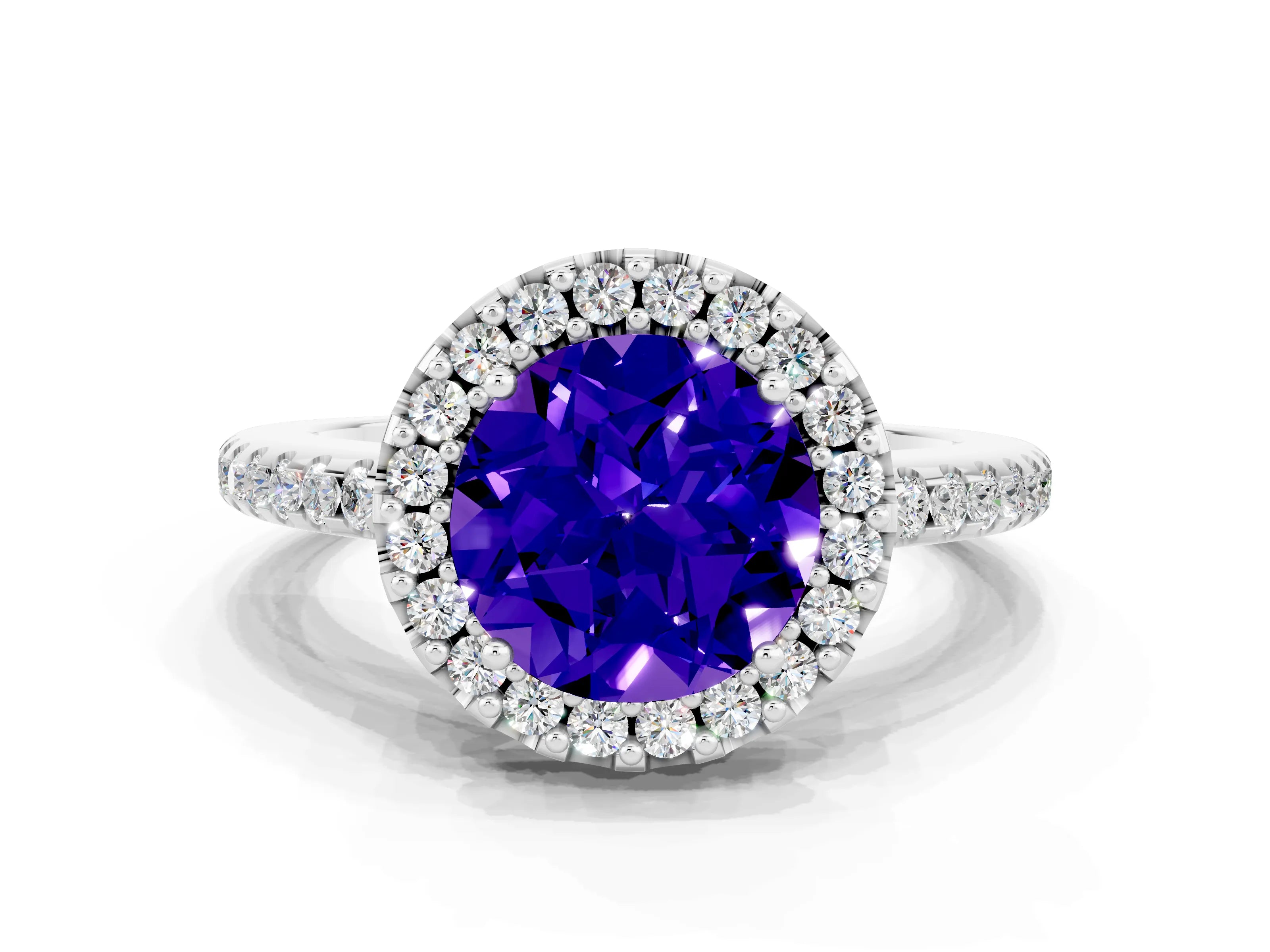 White gold Round Cut Tanzanite Pavé Halo Ring with Four-Prong Setting_12
