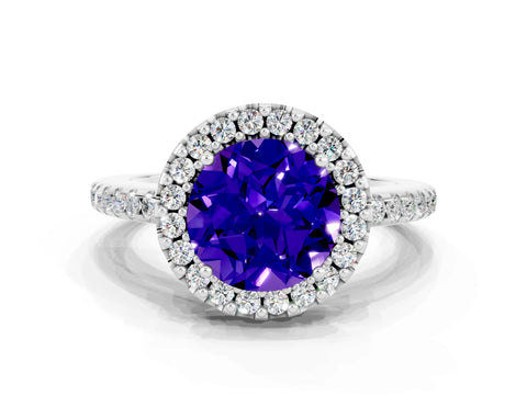 White gold Round Cut Tanzanite Pavé Halo Ring with Four-Prong Setting_12