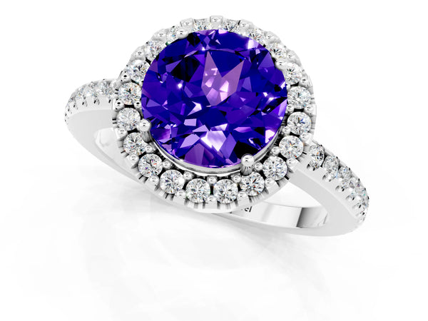 Platinum Round Cut Tanzanite Pavé Halo Ring with Four-Prong Setting