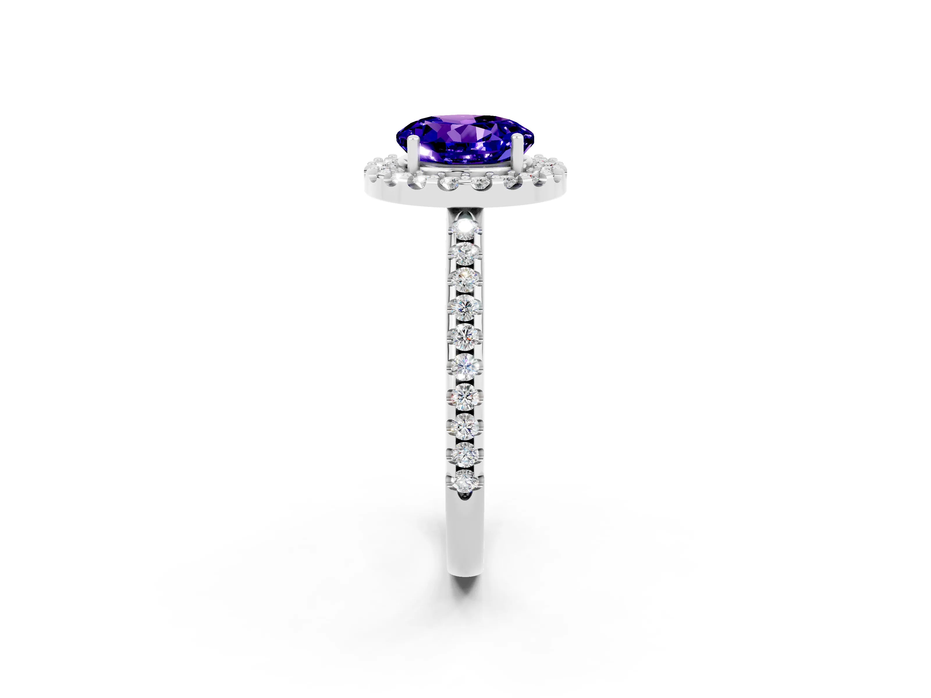 White gold Round Cut Tanzanite Pavé Halo Ring with Four-Prong Setting_14