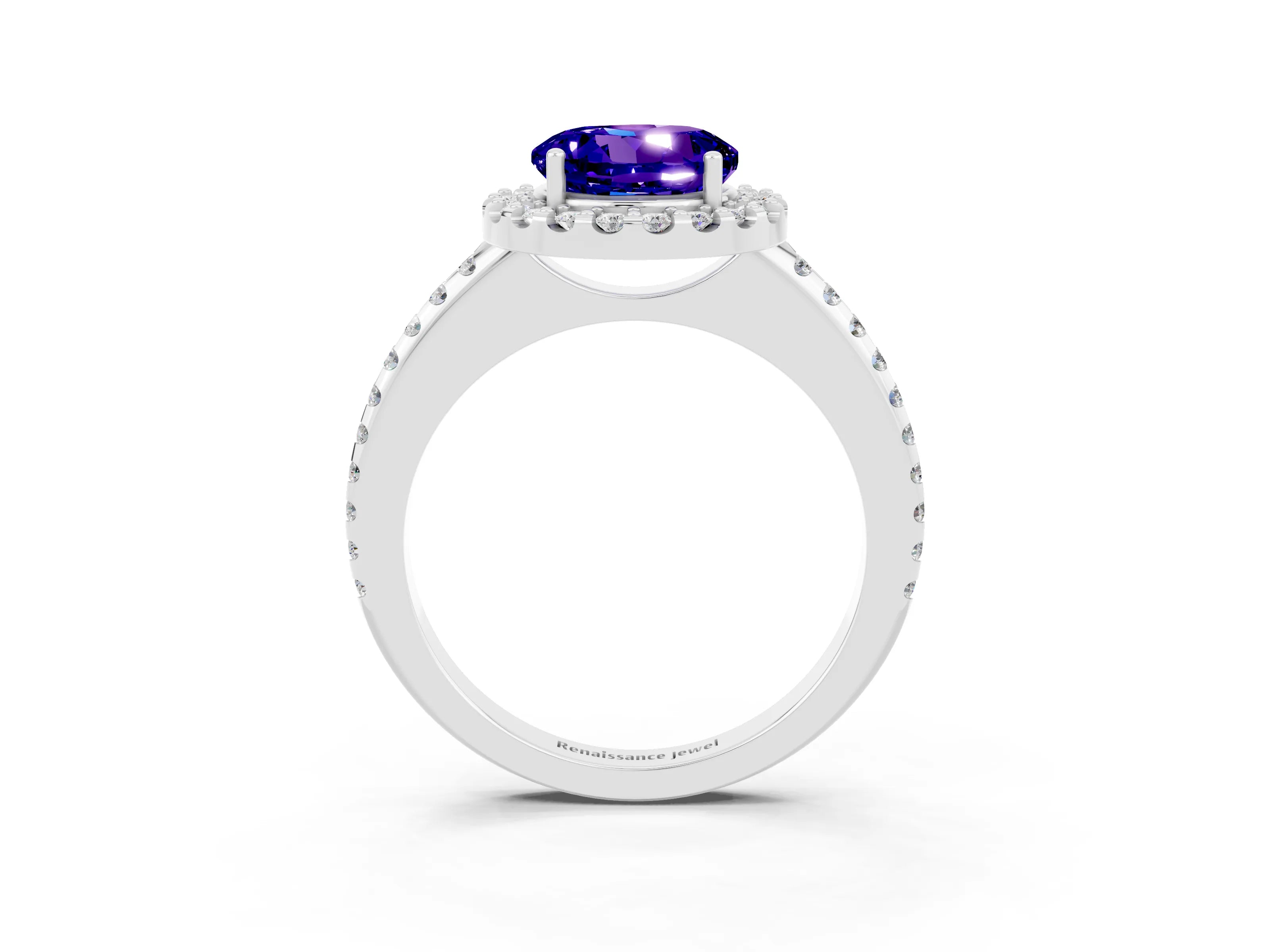 White gold Round Cut Tanzanite Pavé Halo Ring with Four-Prong Setting_15