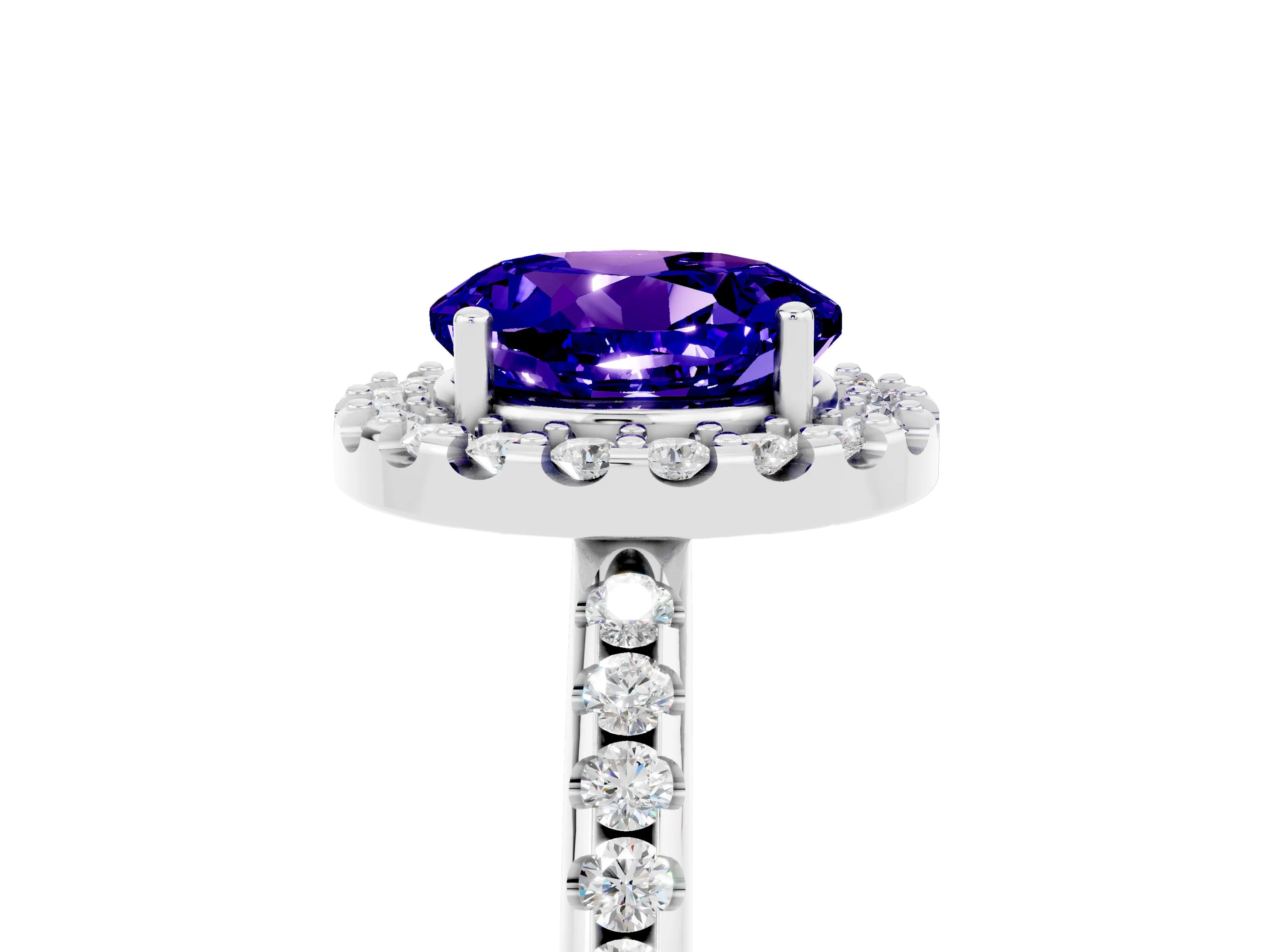 White gold Round Cut Tanzanite Pavé Halo Ring with Four-Prong Setting_17