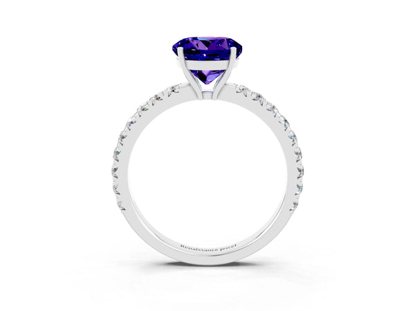 Platinum Round Cut Tanzanite Pavé Solitaire Engagement Ring with Four-Prong Setting